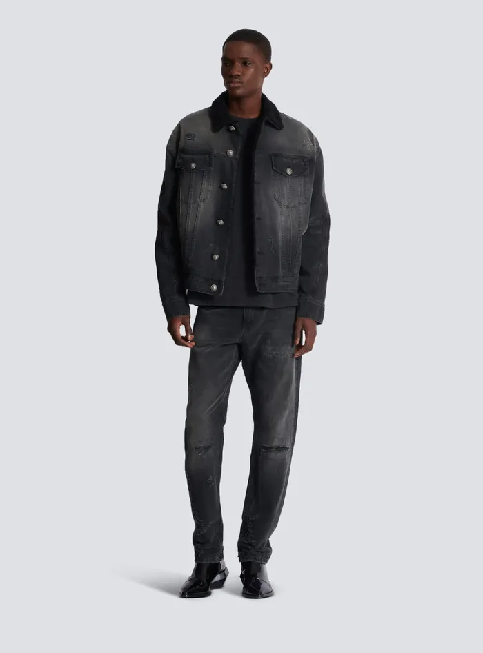 Balmain Denim Men Faded Denim Jacket Black