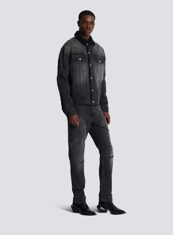Balmain Denim Men Faded Denim Jacket Black