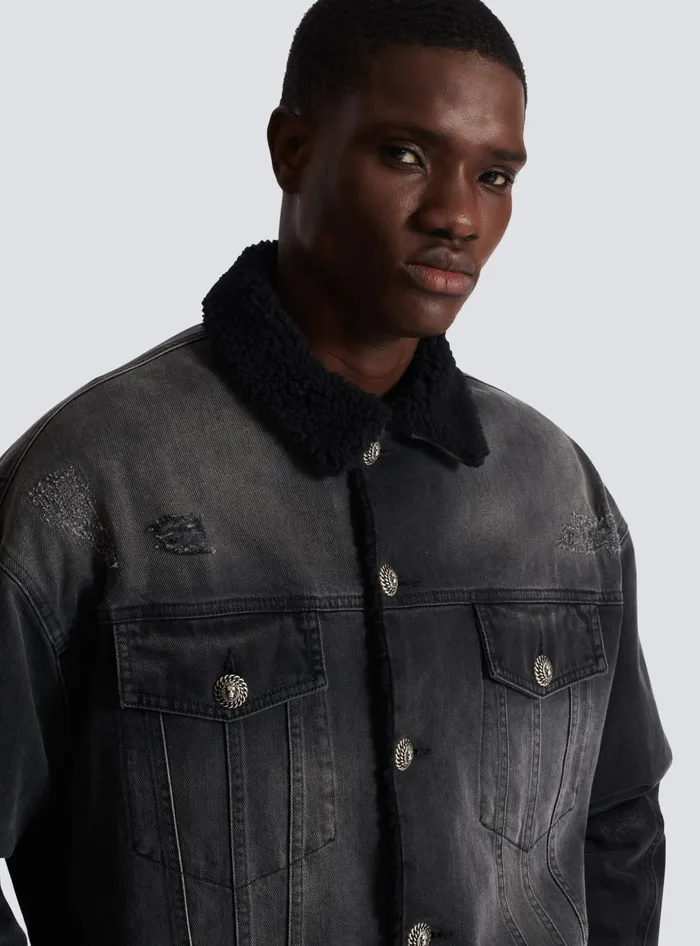 Balmain Denim Men Faded Denim Jacket Black