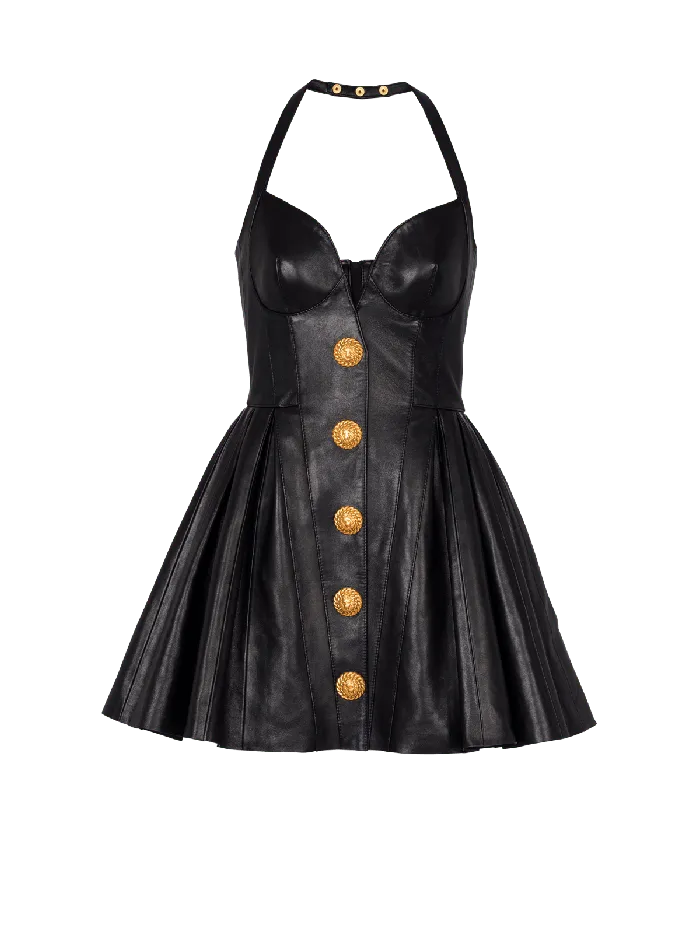 Balmain Dresses Women Flared Pleated Halterneck Dress In Leather Black