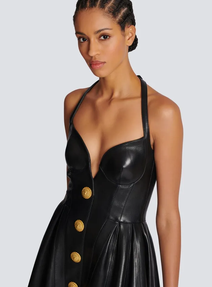 Balmain Dresses Women Flared Pleated Halterneck Dress In Leather Black