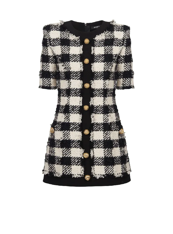 Balmain Dresses Women Gingham Tweed And Crepe Dress Black