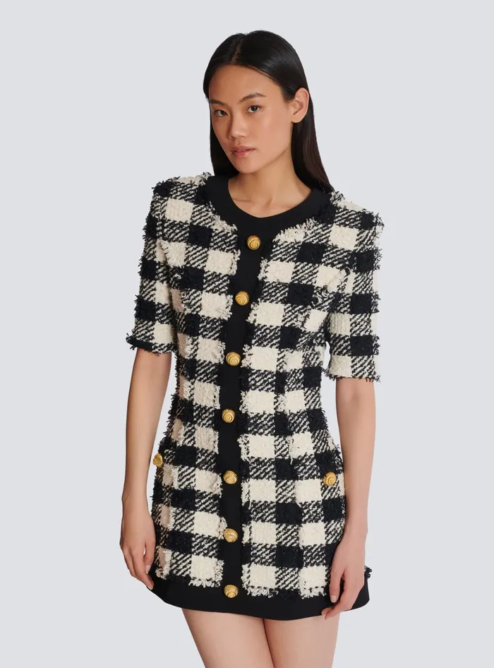 Balmain Dresses Women Gingham Tweed And Crepe Dress Black