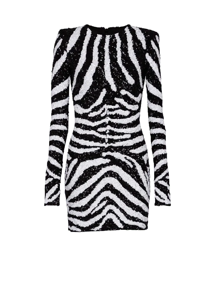 Balmain Dresses Women Short Twotone Zebra Sequin Dress White