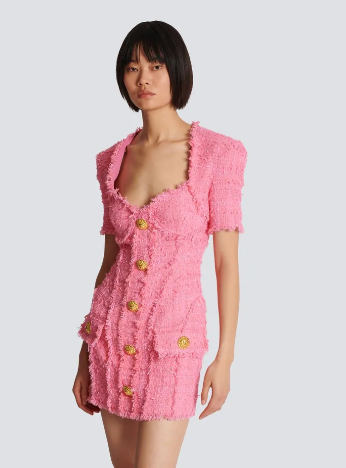 Balmain Dresses Women Tweed Dress With Buttons Pink