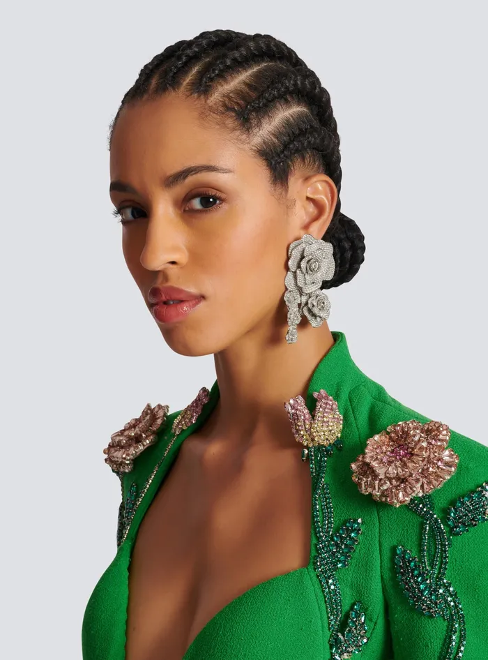 Balmain Fashion Jewelry Women Palladium Rose Earrings Set With Crystals Silver