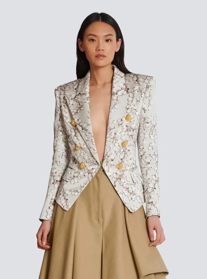 Balmain Jackets And Blazers Women 6button Satin Jacket With Redcurrant Print Beige