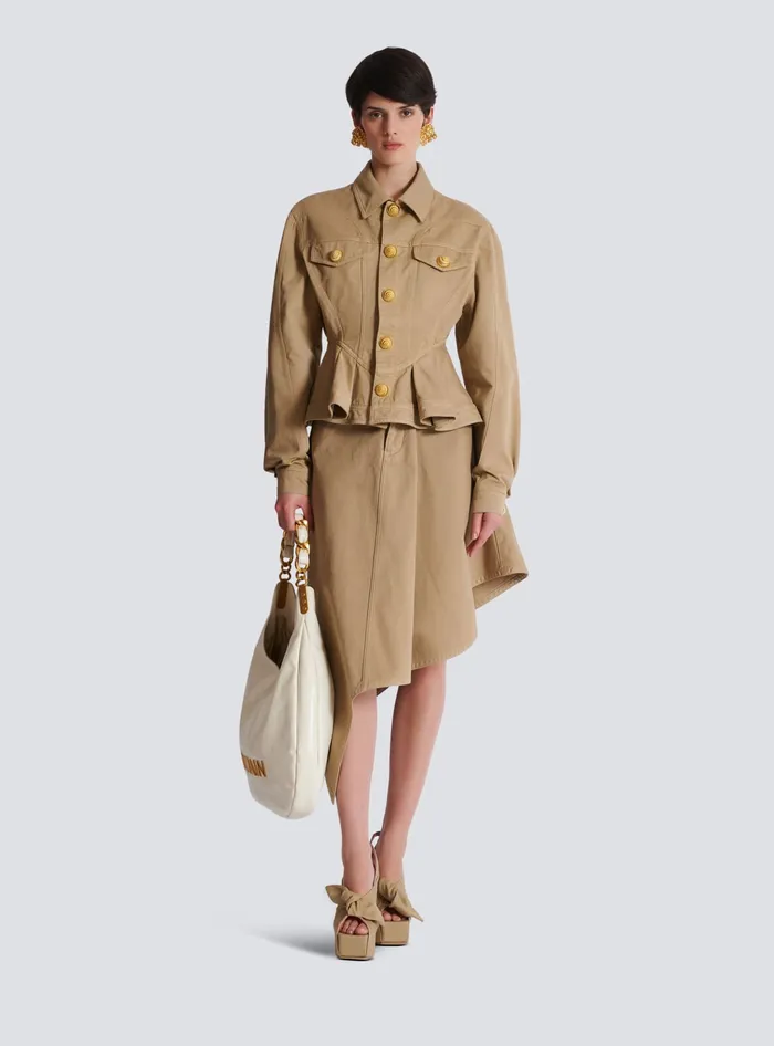 Balmain Jackets And Blazers Women Ruffled Cotton Canvas Jacket Beige