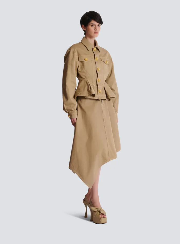 Balmain Jackets And Blazers Women Ruffled Cotton Canvas Jacket Beige