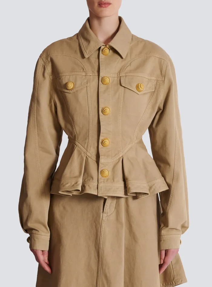 Balmain Jackets And Blazers Women Ruffled Cotton Canvas Jacket Beige