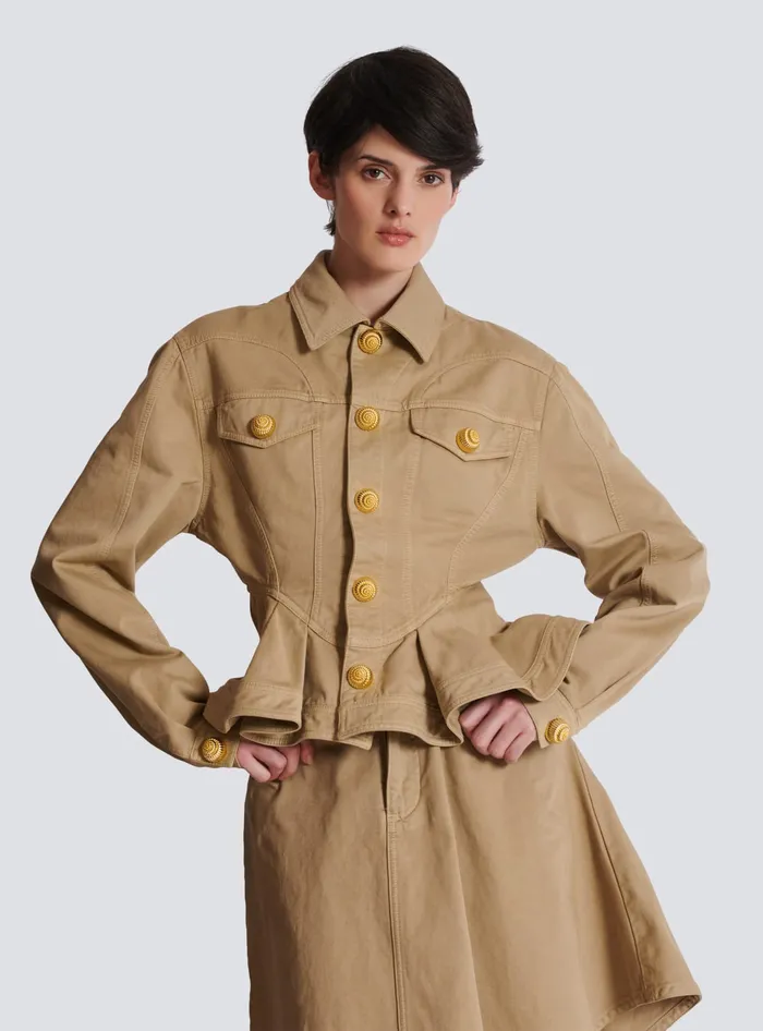 Balmain Jackets And Blazers Women Ruffled Cotton Canvas Jacket Beige