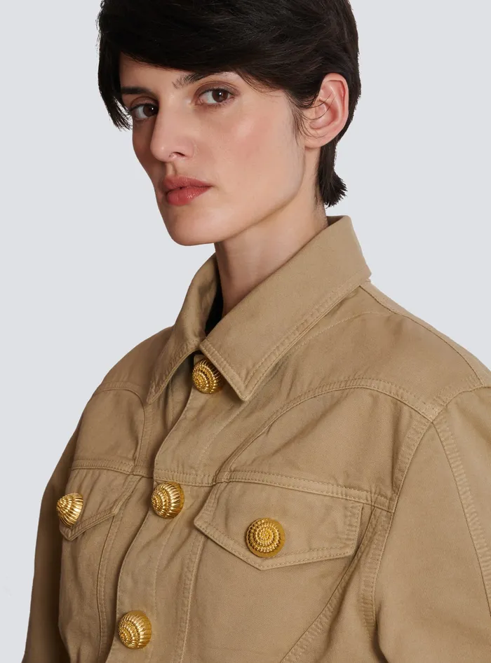 Balmain Jackets And Blazers Women Ruffled Cotton Canvas Jacket Beige
