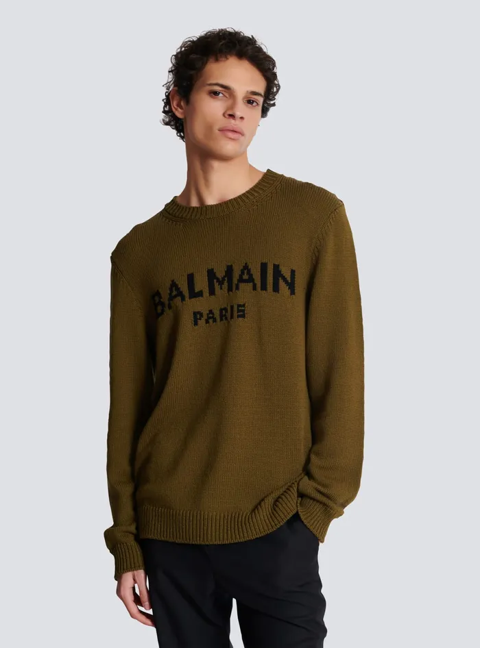 Balmain Knitwear Men Wool Paris Jumper Khaki