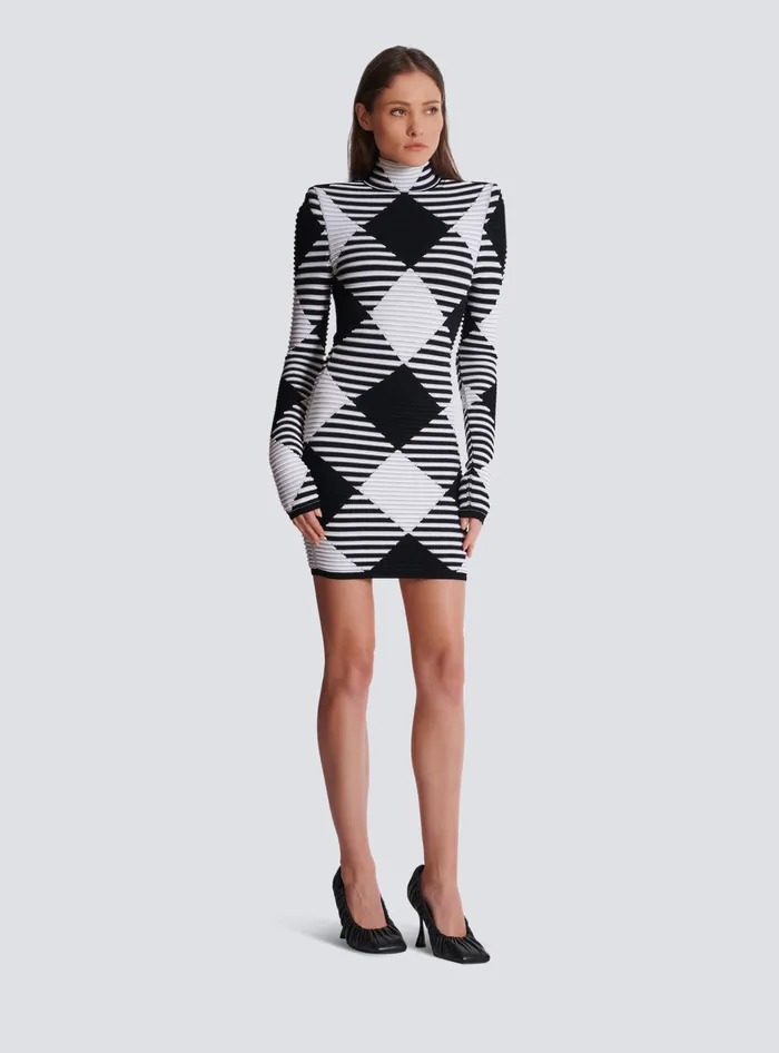 Balmain Knitwear Women Short Dress In Rolled Gingham Knit Black