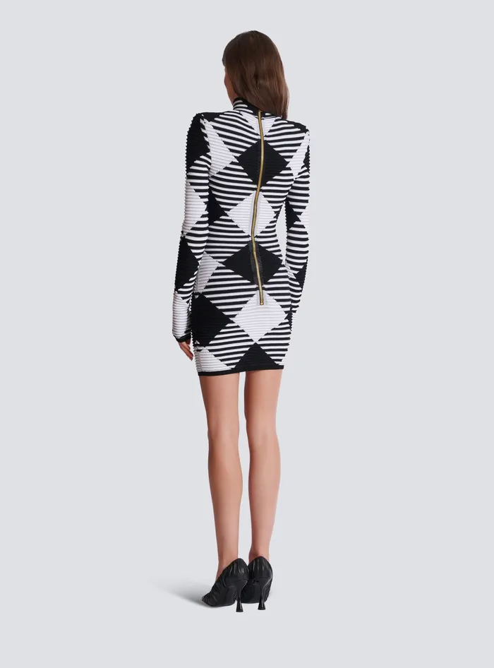 Balmain Knitwear Women Short Dress In Rolled Gingham Knit Black