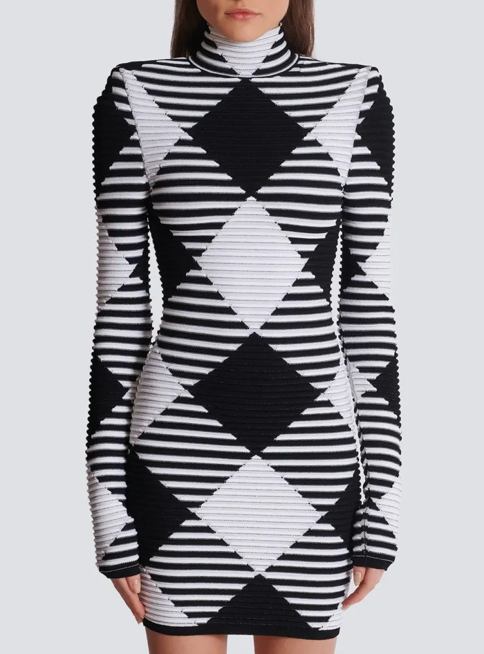 Balmain Knitwear Women Short Dress In Rolled Gingham Knit Black