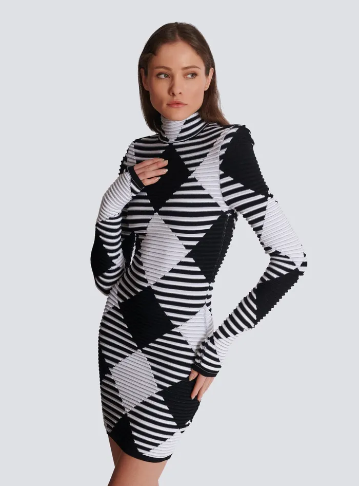 Balmain Knitwear Women Short Dress In Rolled Gingham Knit Black