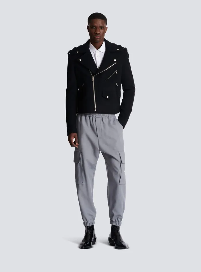 Balmain Outerwear Men Biker Jacket In Felted Wool Black