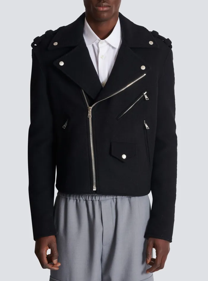 Balmain Outerwear Men Biker Jacket In Felted Wool Black