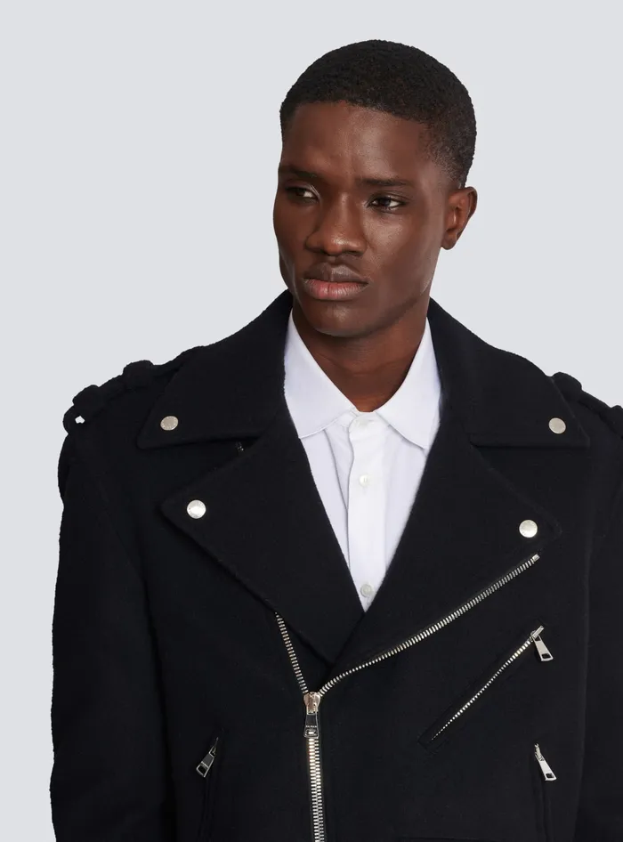 Balmain Outerwear Men Biker Jacket In Felted Wool Black
