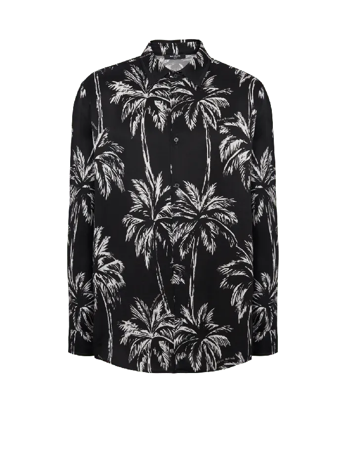 Balmain Shirts And Polos Men Printed Satin Palm Tree Shirt Black