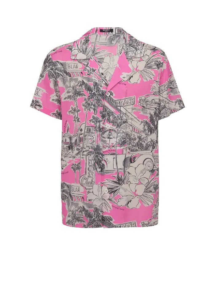 Balmain Shirts And Polos Men Shortsleeved Silk Pyjama Shirt With Miami Print Pink