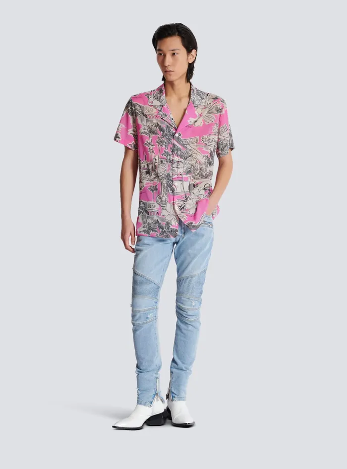 Balmain Shirts And Polos Men Shortsleeved Silk Pyjama Shirt With Miami Print Pink