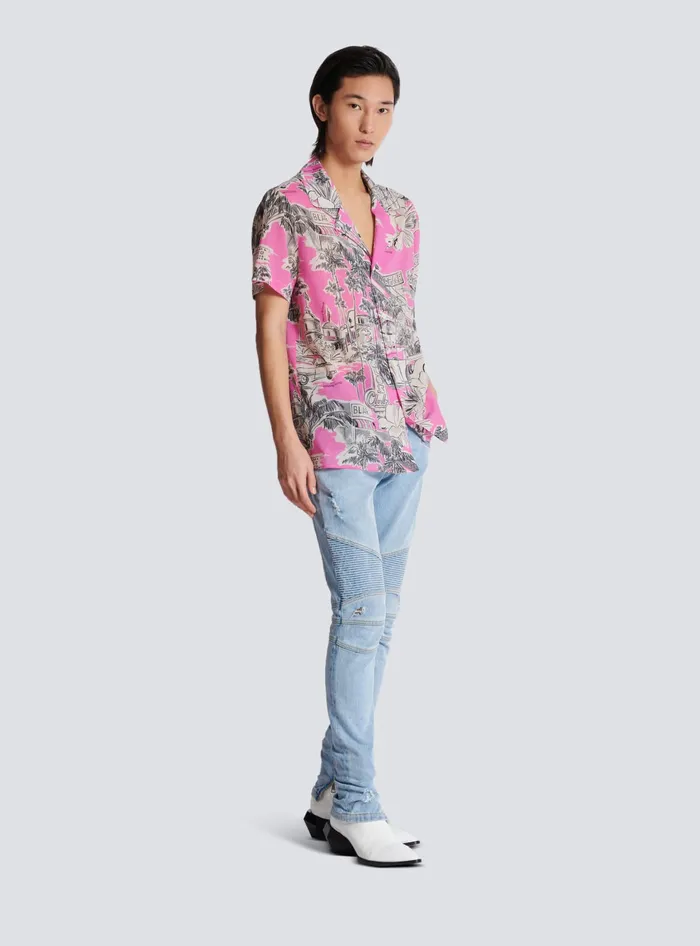 Balmain Shirts And Polos Men Shortsleeved Silk Pyjama Shirt With Miami Print Pink
