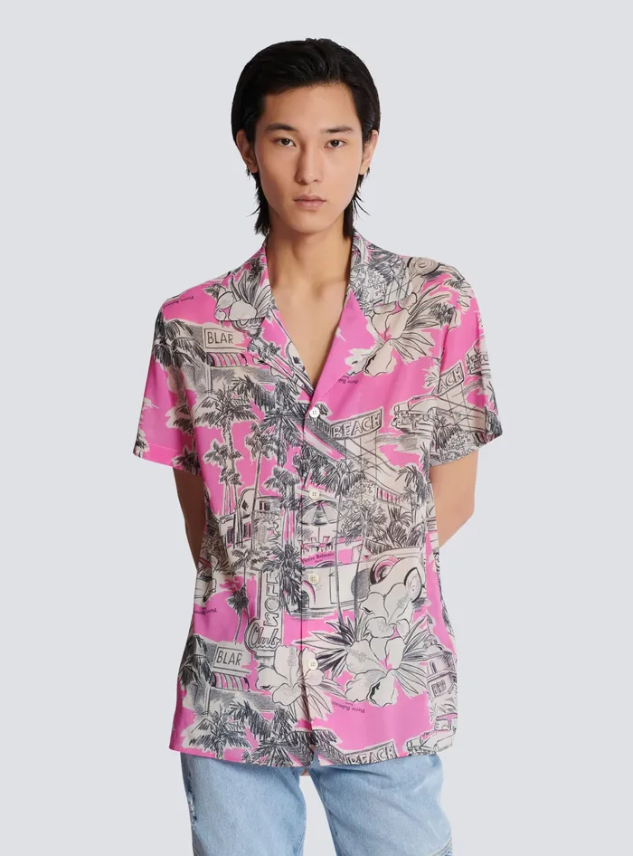 Balmain Shirts And Polos Men Shortsleeved Silk Pyjama Shirt With Miami Print Pink