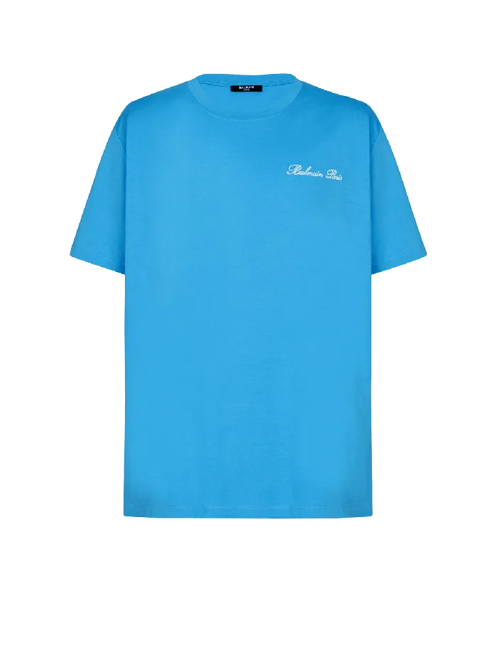 Balmain Sportswear Men Relaxed Tshirt With Signature Embroidery Blue