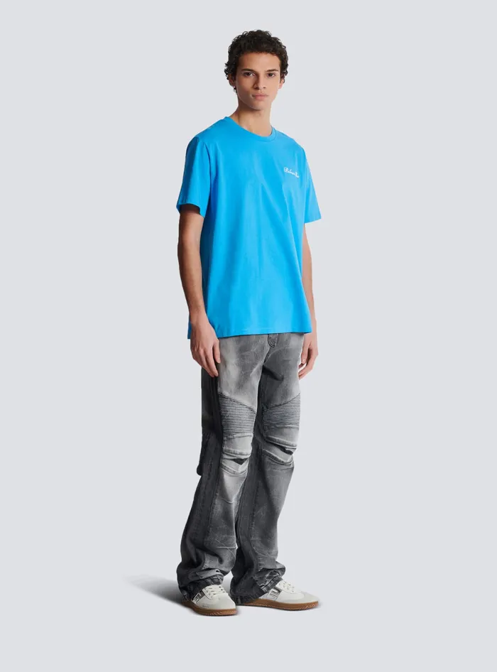 Balmain Sportswear Men Relaxed Tshirt With Signature Embroidery Blue