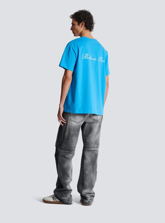 Balmain Sportswear Men Relaxed Tshirt With Signature Embroidery Blue