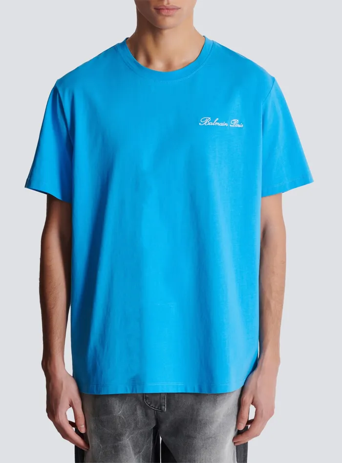 Balmain Sportswear Men Relaxed Tshirt With Signature Embroidery Blue