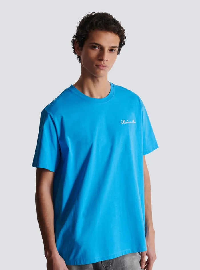 Balmain Sportswear Men Relaxed Tshirt With Signature Embroidery Blue