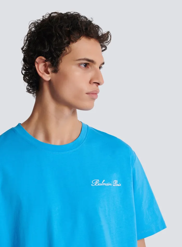 Balmain Sportswear Men Relaxed Tshirt With Signature Embroidery Blue