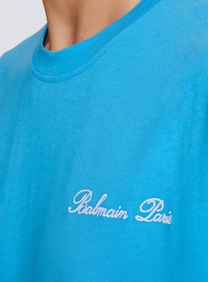 Balmain Sportswear Men Relaxed Tshirt With Signature Embroidery Blue