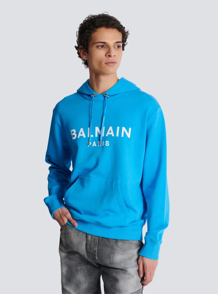 Balmain Sweatshirts Men Printed Paris Hoodie Blue
