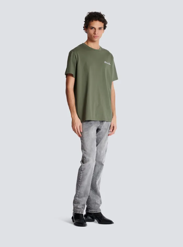 Balmain TShirts Men Loose Tshirt With Signature Embroidery Khaki