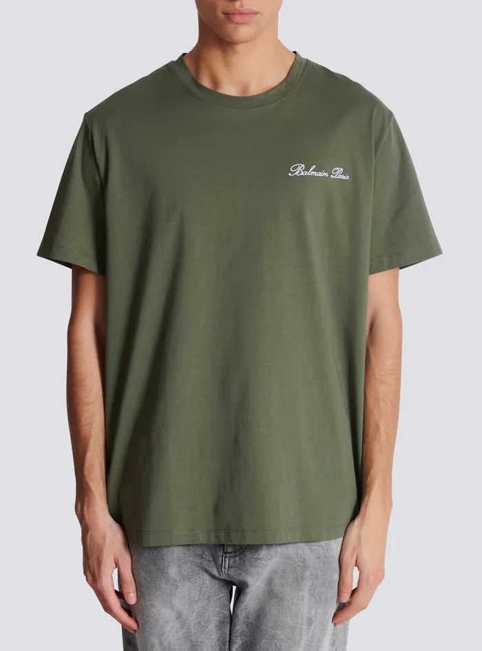 Balmain TShirts Men Loose Tshirt With Signature Embroidery Khaki