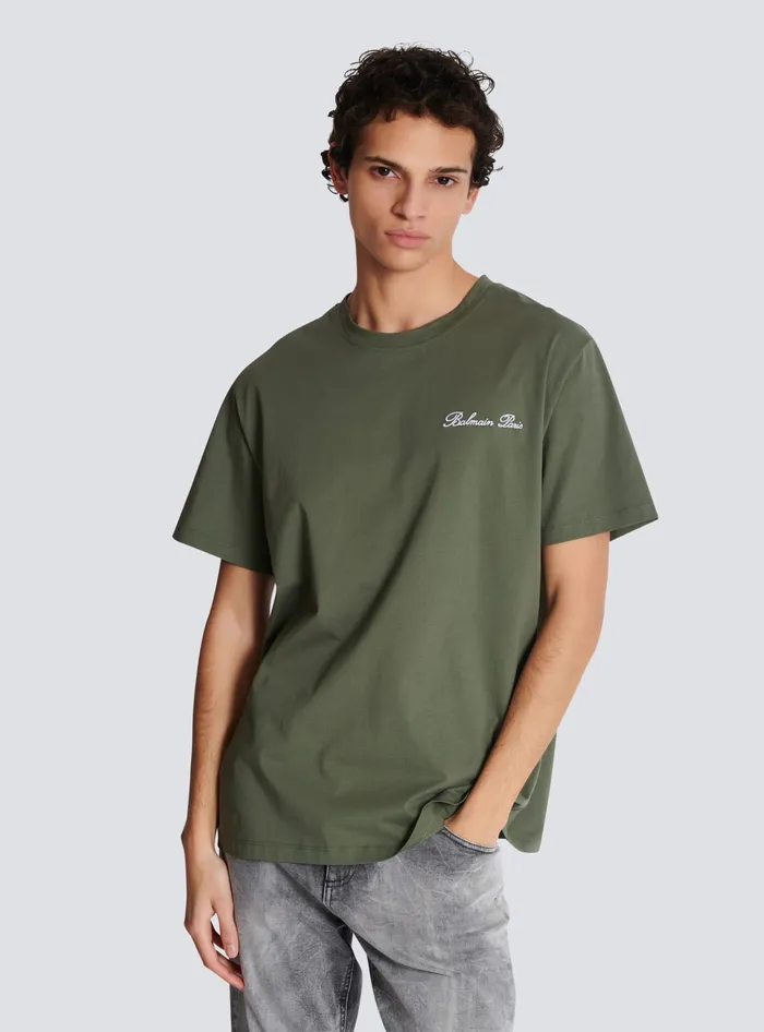 Balmain TShirts Men Loose Tshirt With Signature Embroidery Khaki