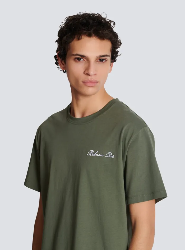 Balmain TShirts Men Loose Tshirt With Signature Embroidery Khaki