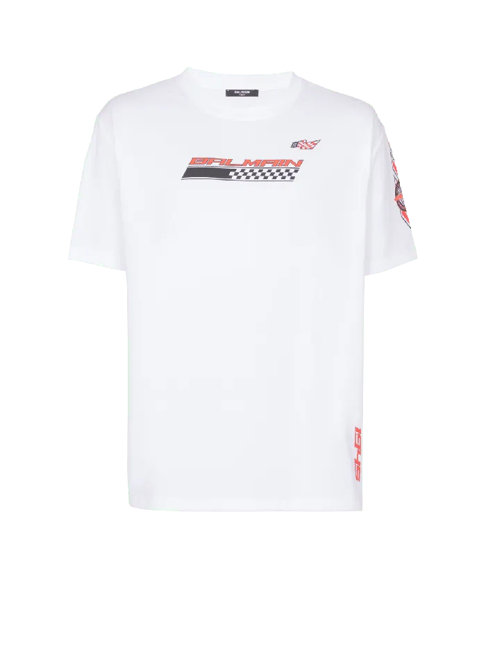 Balmain TShirts Men Tshirt With Racing Print White