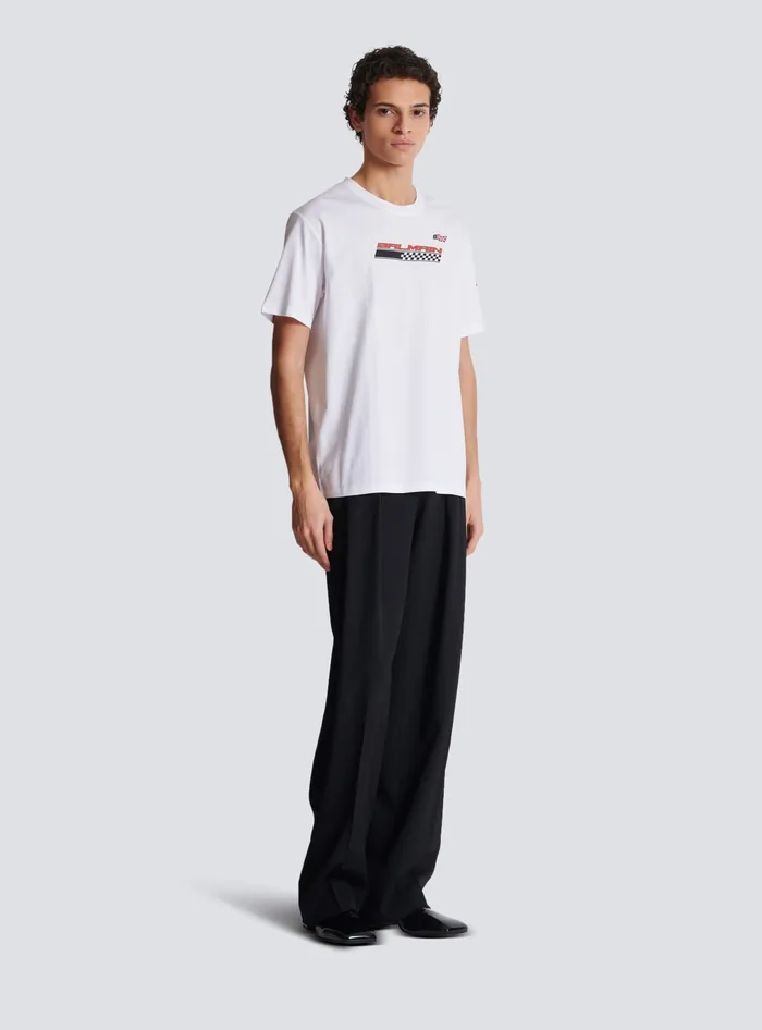 Balmain TShirts Men Tshirt With Racing Print White