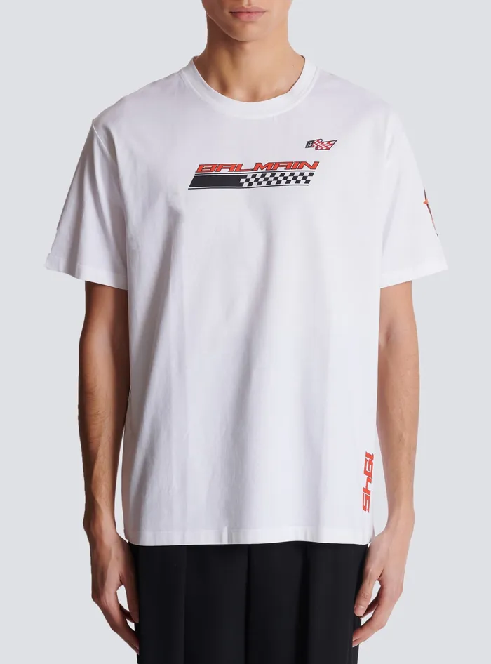 Balmain TShirts Men Tshirt With Racing Print White