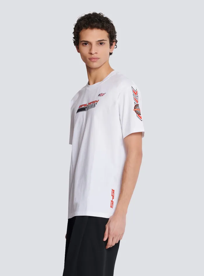 Balmain TShirts Men Tshirt With Racing Print White