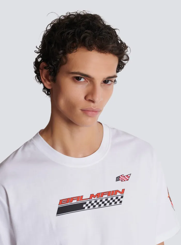Balmain TShirts Men Tshirt With Racing Print White