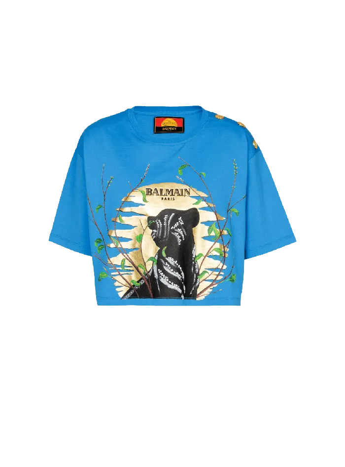 Balmain TShirts Women Disney X The Lion King 8211 Cropped Tshirt With Cassius Khumalo Print Blue
