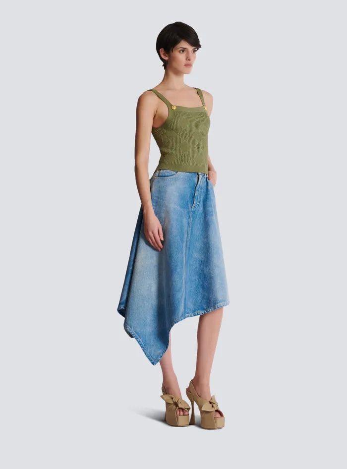 Balmain Tops And Shirts Women Cropped Top In Gingham Openwork Knit Green