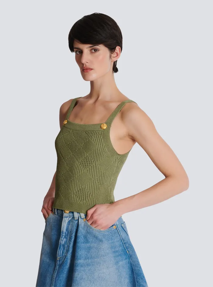 Balmain Tops And Shirts Women Cropped Top In Gingham Openwork Knit Green