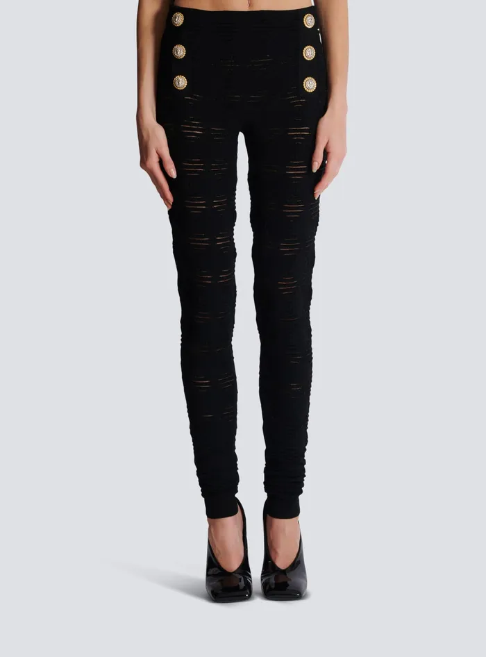 Balmain Trousers And Shorts Women Diamond Knit Leggings With 6 Buttons Black